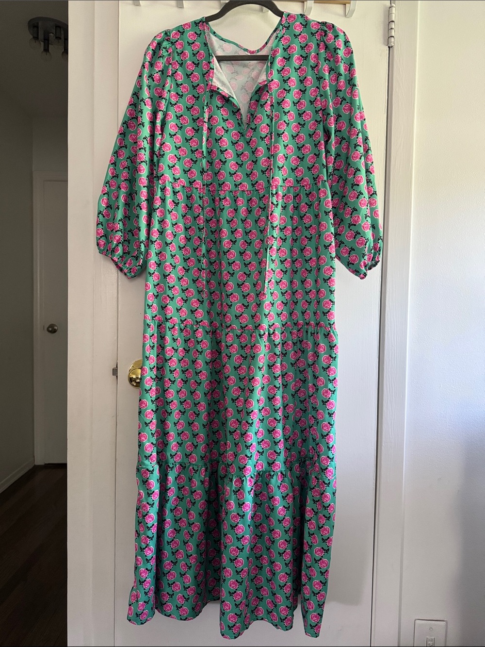 Source Unknown Green Maxi Dress with Pink Floral Print